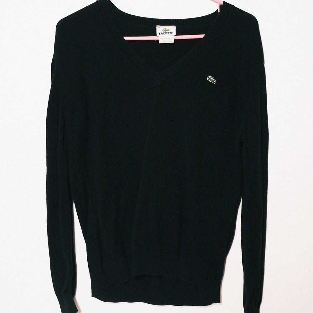 Lacoste Mens Black Alligator Logo 100% Cotton V-Neck Sweater Size 44 (L/XL) US